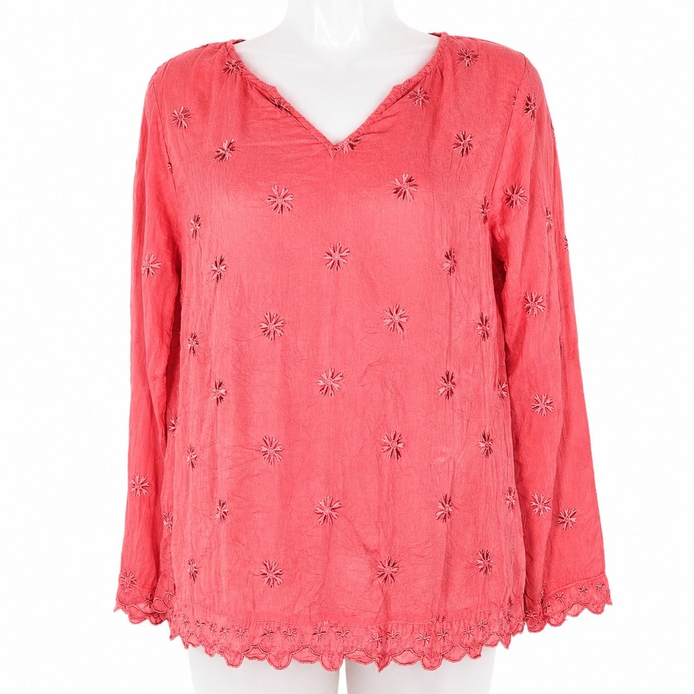 Johnny Was Top Womens XS Coral Pink Rayon Embroidered Scallop Trim Boho Peasant